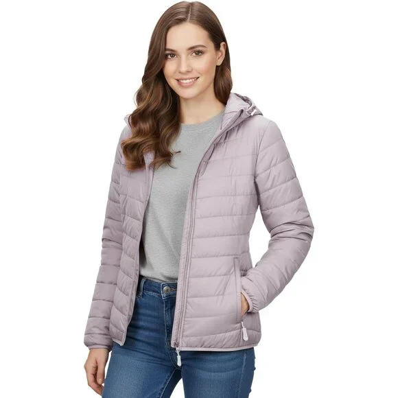 Women's Quilted Hooded Puffer Jacket Coat Pinkish Gray Lightweight Packable - Picture 2 of 7